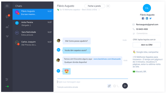 Visualização do gerenciamento de conversas em várias mídias pela plataforma do Jivochat